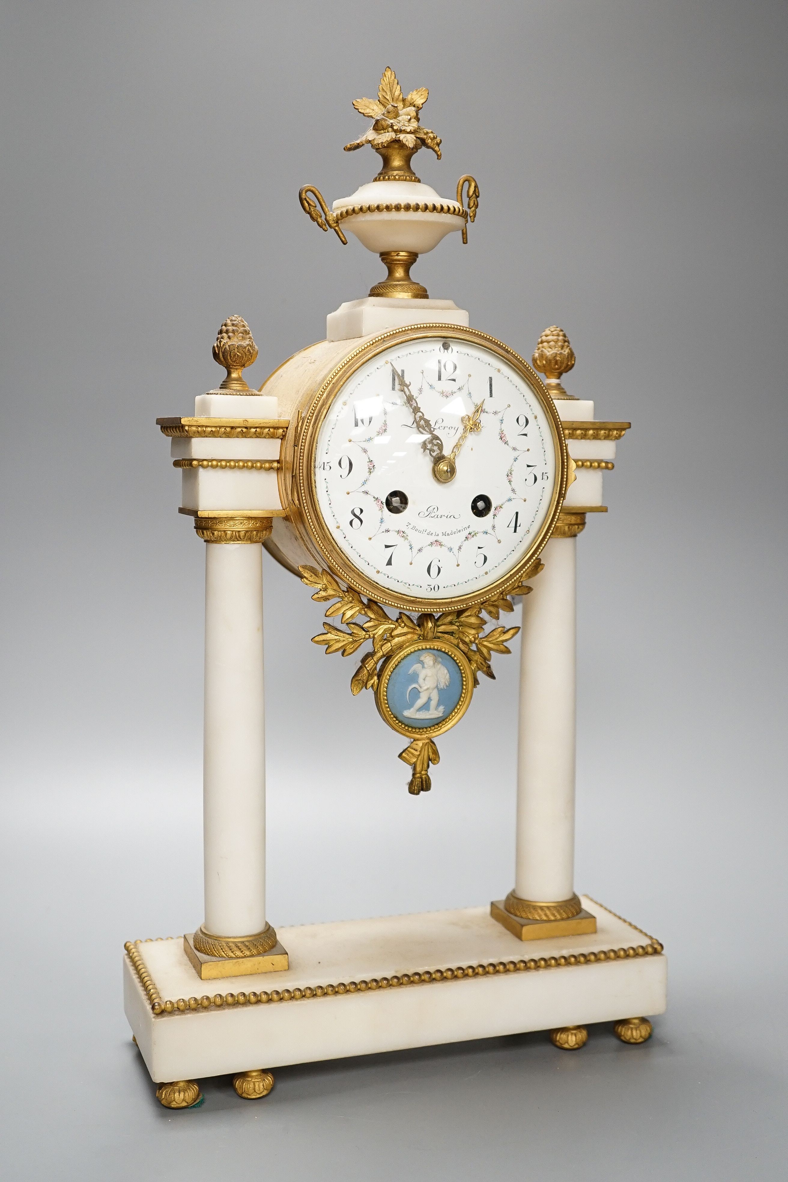 L. Leroy & Cie, Paris. A French ormolu mounted white marble portico clock width 24cm depth 8cm height 44cm high